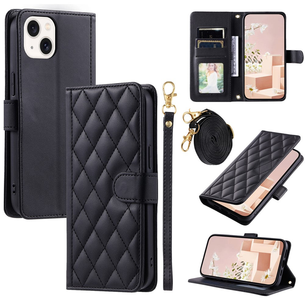 iPhone 13 mini Wallet-Hülle – Rautenmuster mit Geldbörsenfunktion & Riemen