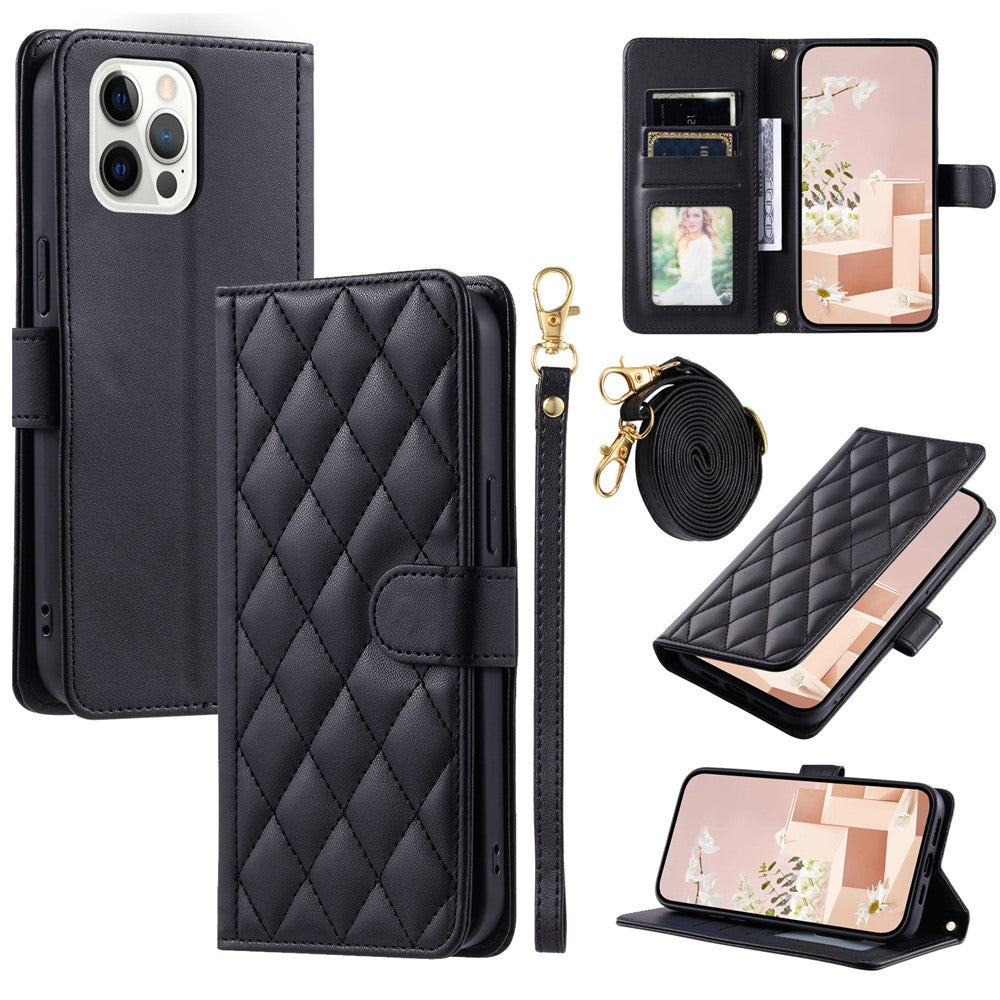 iPhone 12 Pro Max Wallet-Hülle – Rautenmuster mit Geldbörsenfunktion & Riemen