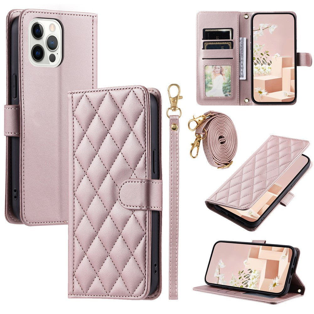 iPhone 12 Pro Max Wallet-Hülle – Rautenmuster mit Geldbörsenfunktion & Riemen