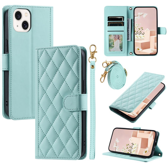 iPhone 15 Plus Wallet-Hülle – Rautenmuster mit Geldbörsenfunktion & Riemen