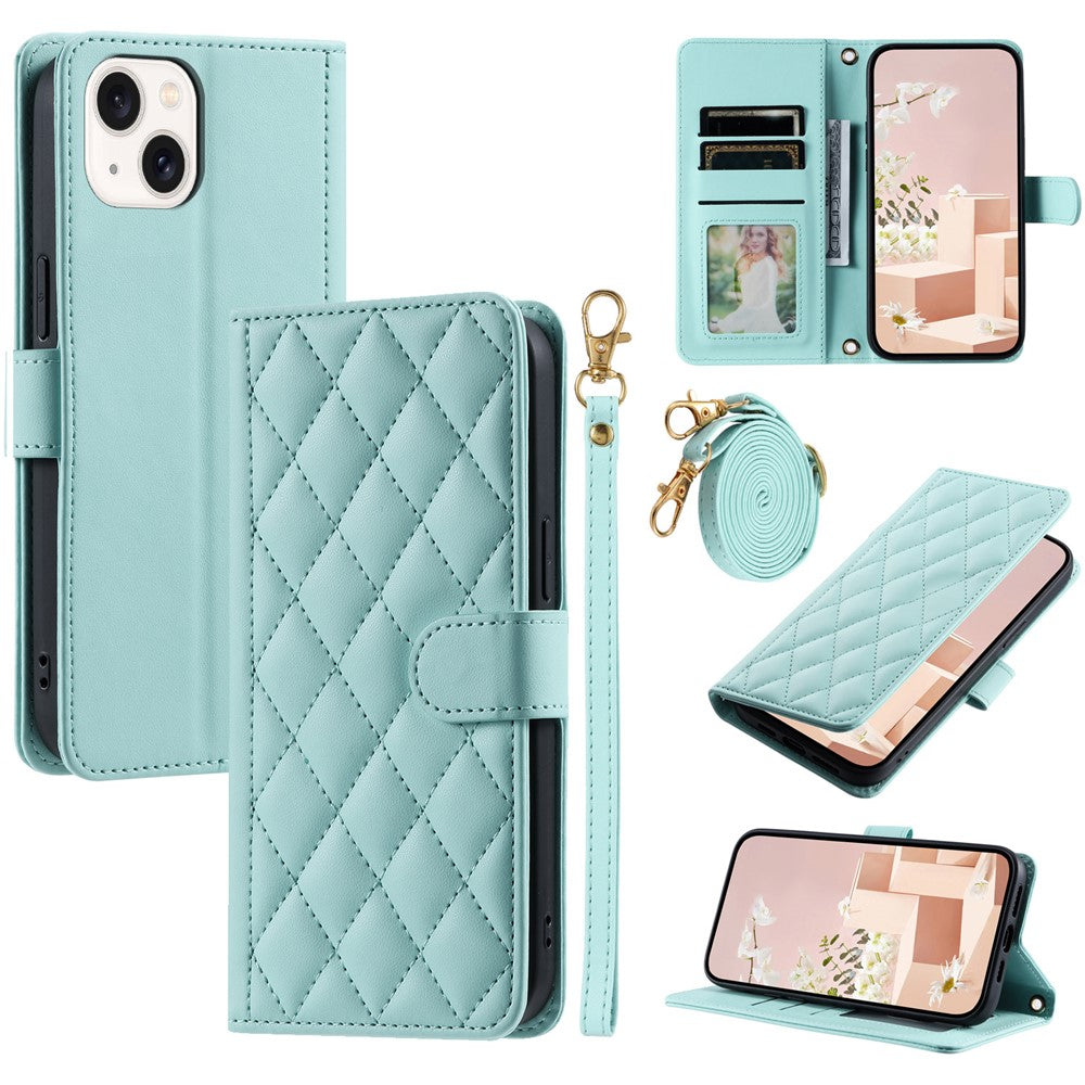 iPhone 13 / 14 Wallet-Hülle – Rautenmuster mit Geldbörsenfunktion & Riemen