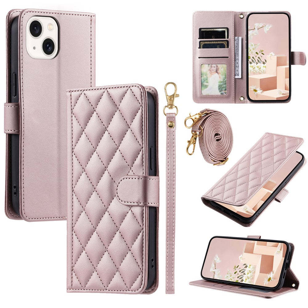 iPhone 14 Plus Wallet-Hülle – Rautenmuster mit Geldbörsenfunktion & Riemen