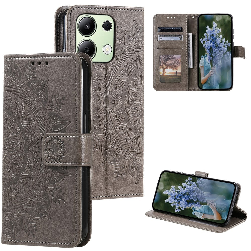 For Xiaomi Redmi Note 13 4G PU Leather Phone Case Imprinted Mandala Flower Stand Wallet Cover