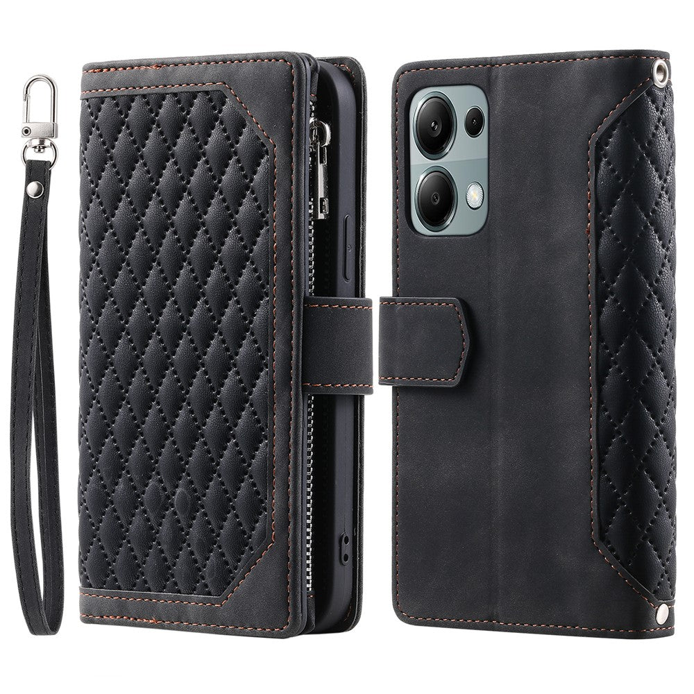 For Xiaomi Redmi Note 13 Pro 4G / Poco M6 Pro 4G Case Zipper Pocket Leather Phone Cover with Wrist Strap
