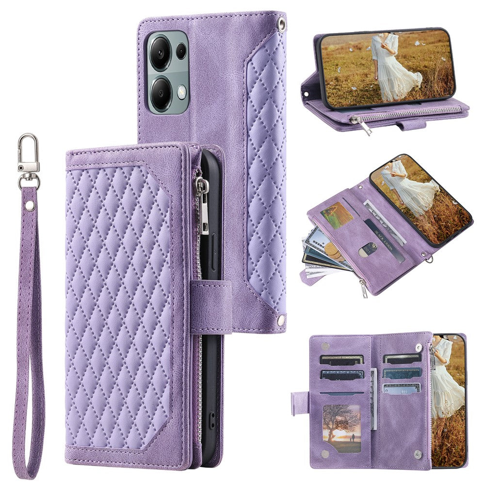 For Xiaomi Redmi Note 13 Pro 4G / Poco M6 Pro 4G Case Zipper Pocket Leather Phone Cover with Wrist Strap