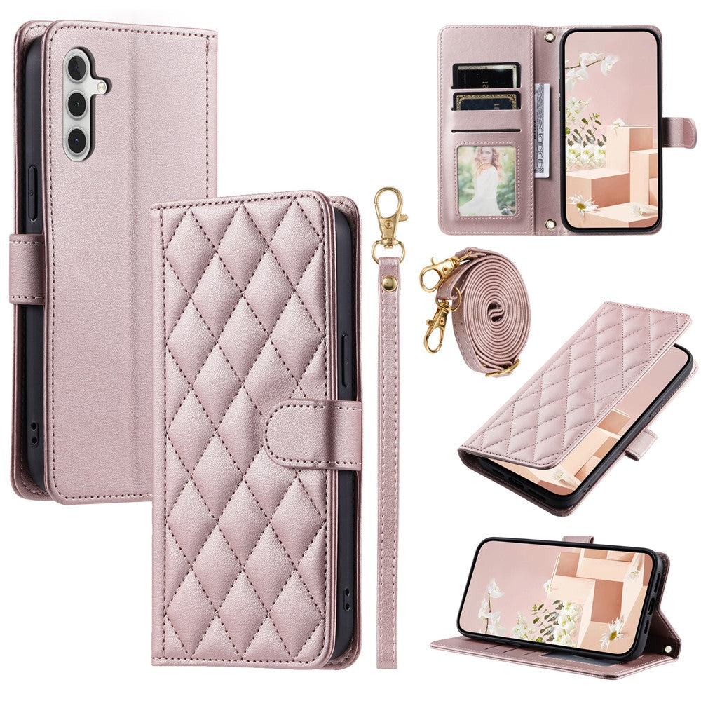 Galaxy A15 4G/5G Wallet-Hülle – Rautenmuster mit Geldbörsenfunktion & Riemen