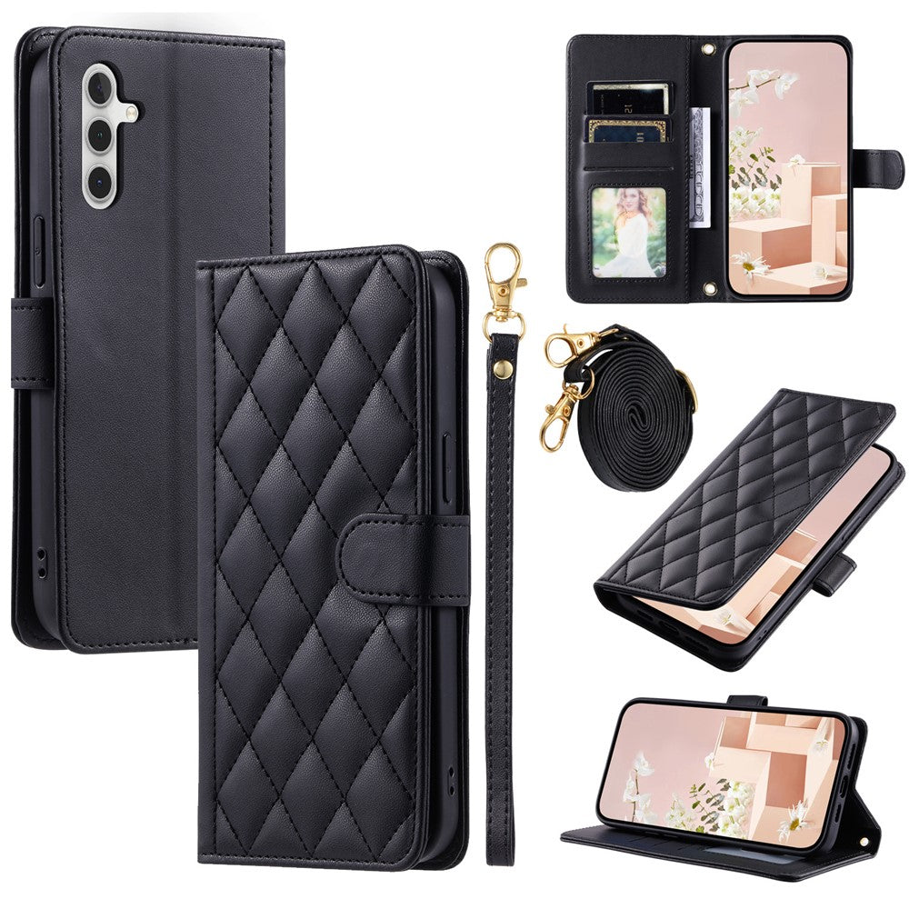Galaxy A15 4G/5G Wallet-Hülle – Rautenmuster mit Geldbörsenfunktion & Riemen
