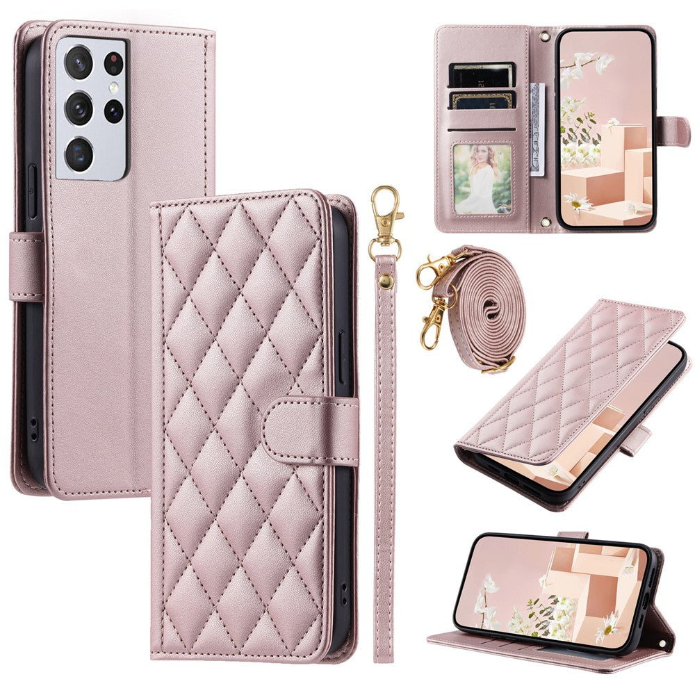 Galaxy S21 Ultra 5G Wallet-Hülle – Rautenmuster mit Geldbörsenfunktion & Riemen