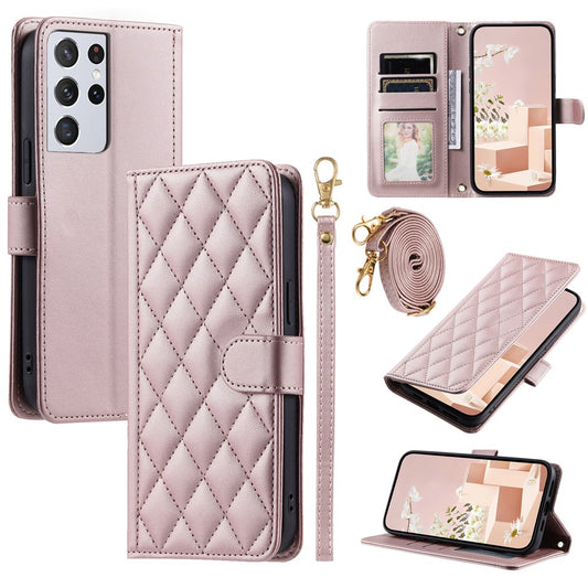 Galaxy S21 Ultra 5G Wallet-Hülle – Rautenmuster mit Geldbörsenfunktion & Riemen