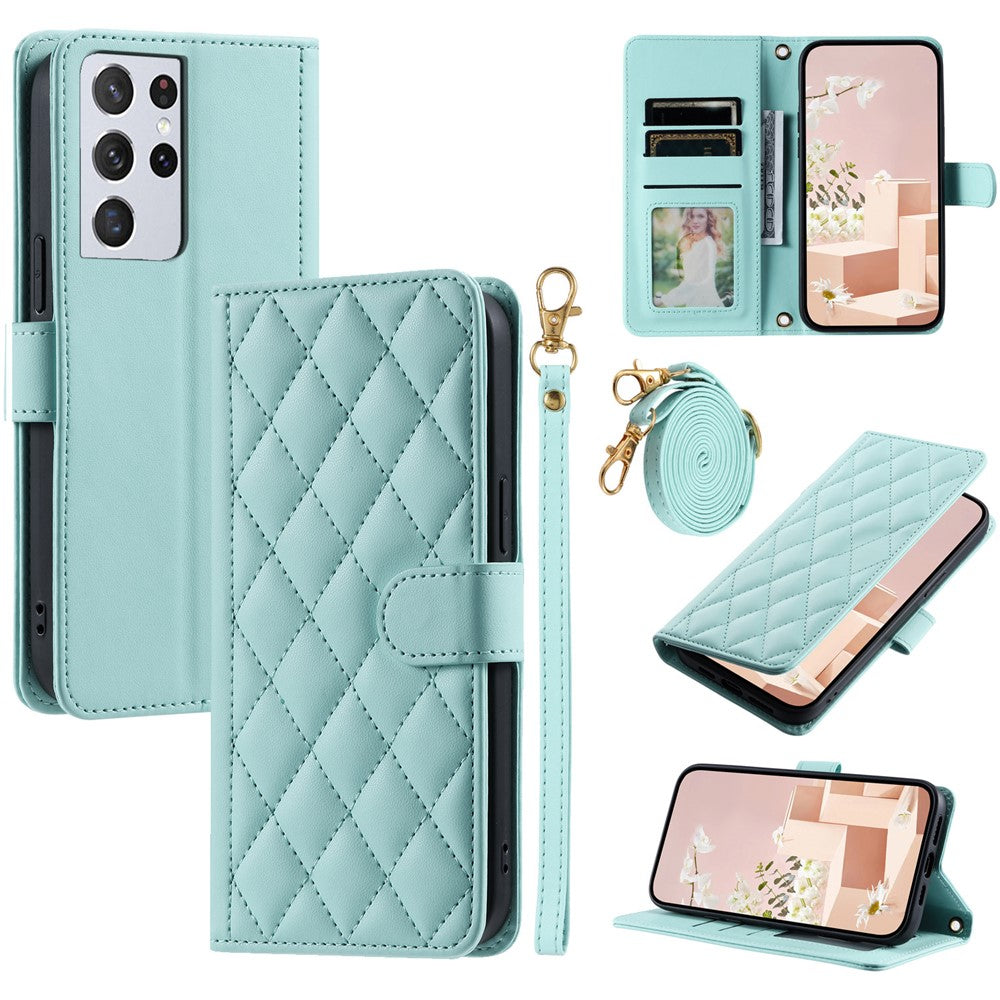 Galaxy S21 Ultra 5G Wallet-Hülle – Rautenmuster mit Geldbörsenfunktion & Riemen