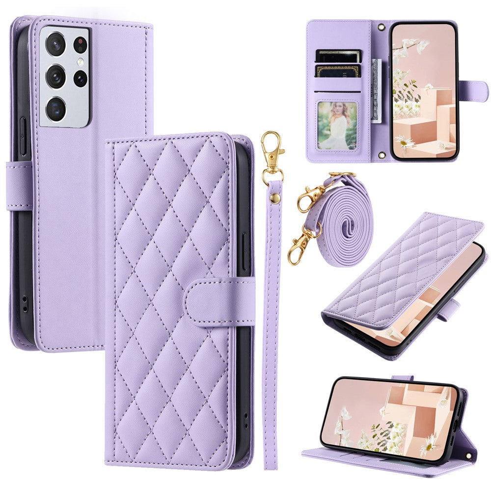Galaxy S21 Ultra 5G Wallet-Hülle – Rautenmuster mit Geldbörsenfunktion & Riemen