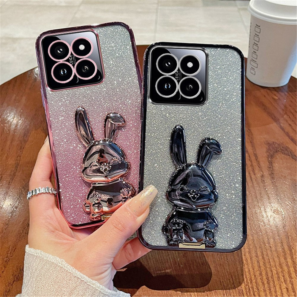 For Xiaomi 14 Case Glitter Electroplated Cartoon Rabbit Phone Cover with Pull-out Kickstand