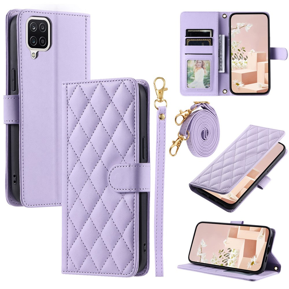 Galaxy A12 Wallet-Hülle – Rautenmuster mit Geldbörsenfunktion & Riemen