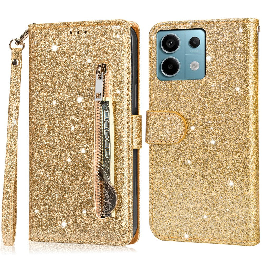 For Xiaomi Redmi Note 13 5G Case Stand Glitter Phone Leather Cover Zipper Pocket