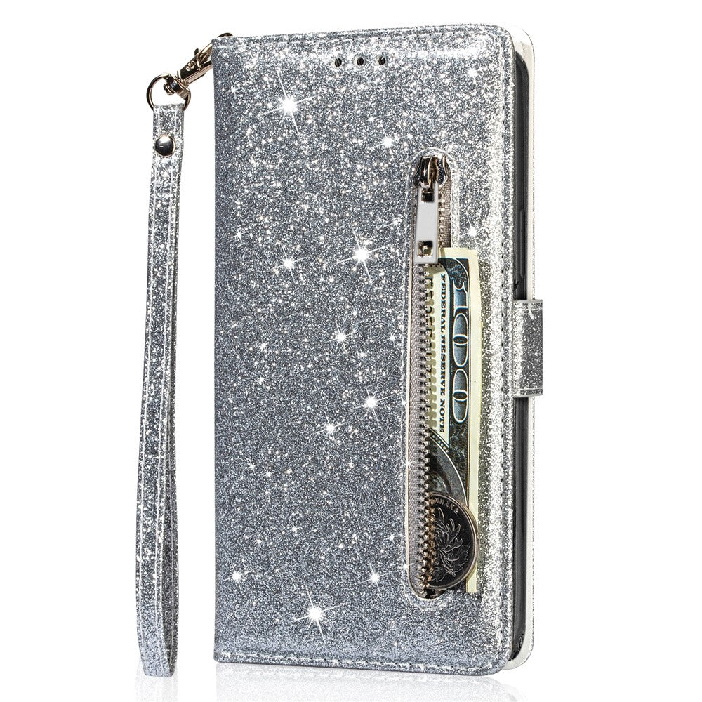 For Xiaomi Redmi Note 13 5G Case Stand Glitter Phone Leather Cover Zipper Pocket