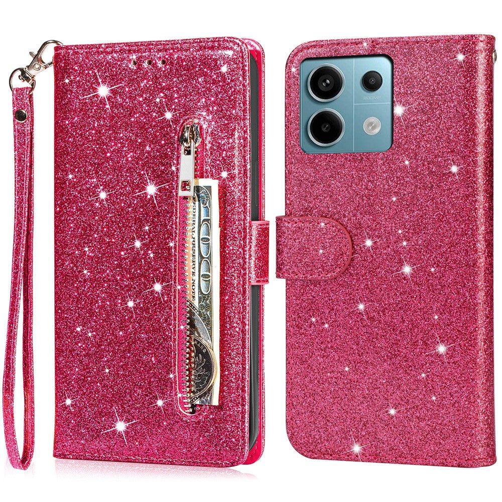 For Xiaomi Redmi Note 13 5G Case Stand Glitter Phone Leather Cover Zipper Pocket