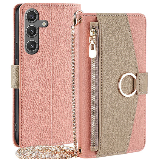 Galaxy S24 Wallet-Hülle – Litschi-Textur, mit Spiegel & Kettenschultergurt