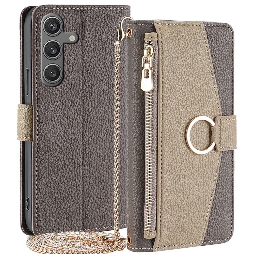 Galaxy S24 Wallet-Hülle – Litschi-Textur, mit Spiegel & Kettenschultergurt