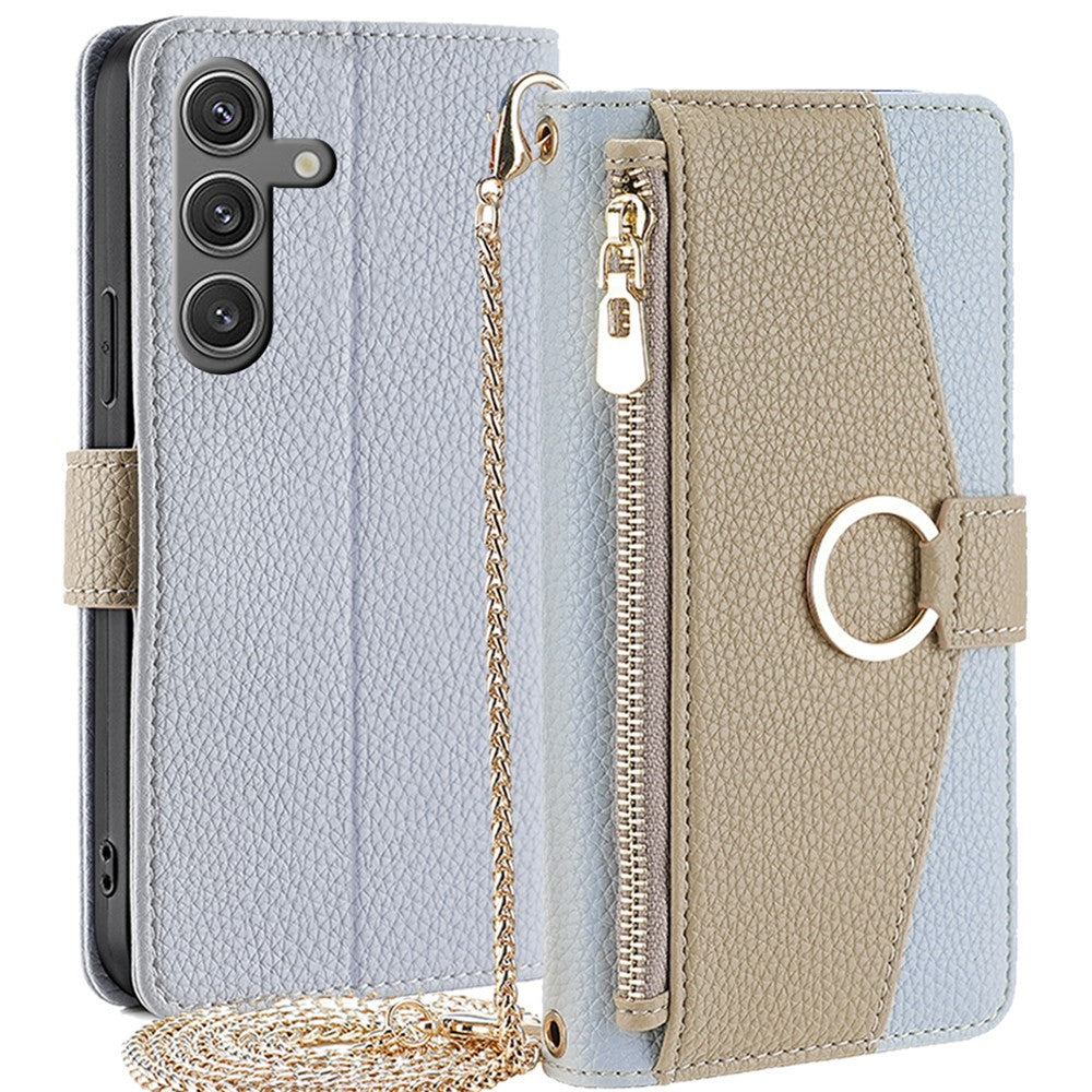 Galaxy S24 Wallet-Hülle – Litschi-Textur, mit Spiegel & Kettenschultergurt