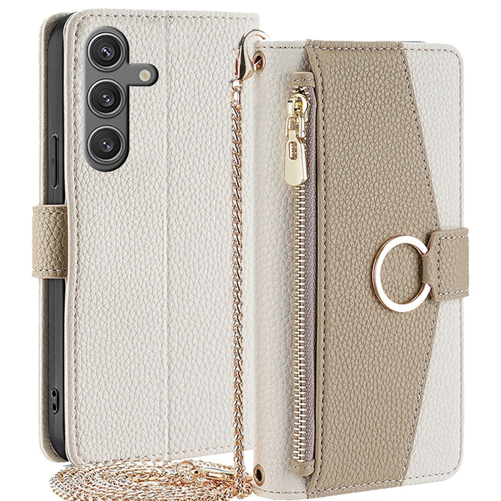 Galaxy S24 Wallet-Hülle – Litschi-Textur, mit Spiegel & Kettenschultergurt