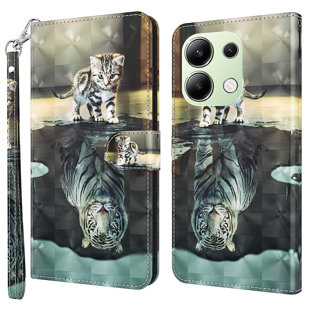 For Xiaomi Redmi Note 13 4G Phone Case 3D Pattern Printing Leather Flip Cover with Hand Strap