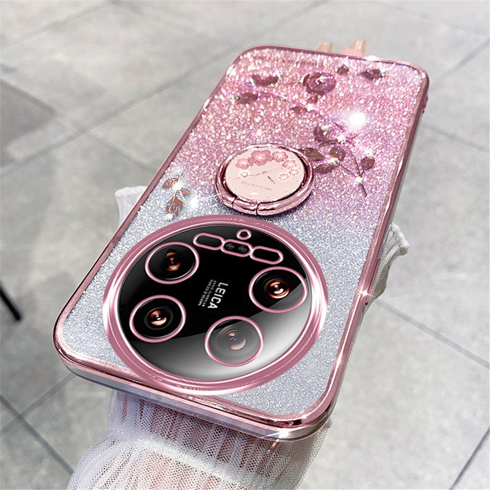 KADEM For Xiaomi 14 Ultra Case Kickstand Rhinestone Flower Anti-Scratch TPU Phone Cover