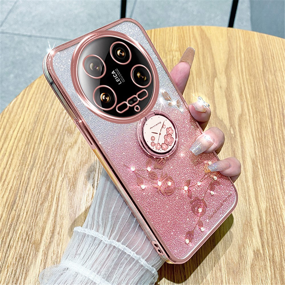 KADEM For Xiaomi 14 Ultra Case Kickstand Rhinestone Flower Anti-Scratch TPU Phone Cover