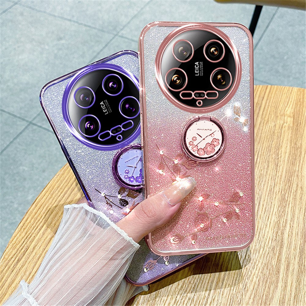 KADEM For Xiaomi 14 Ultra Case Kickstand Rhinestone Flower Anti-Scratch TPU Phone Cover