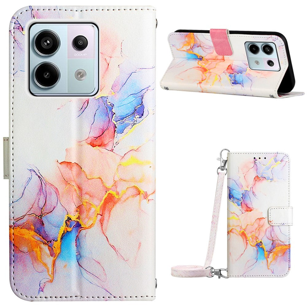 For Xiaomi Redmi Note 13 Pro 5G / Poco X6 5G Leather Case with Shoulder Strap Marble Pattern Phone Stand Cover