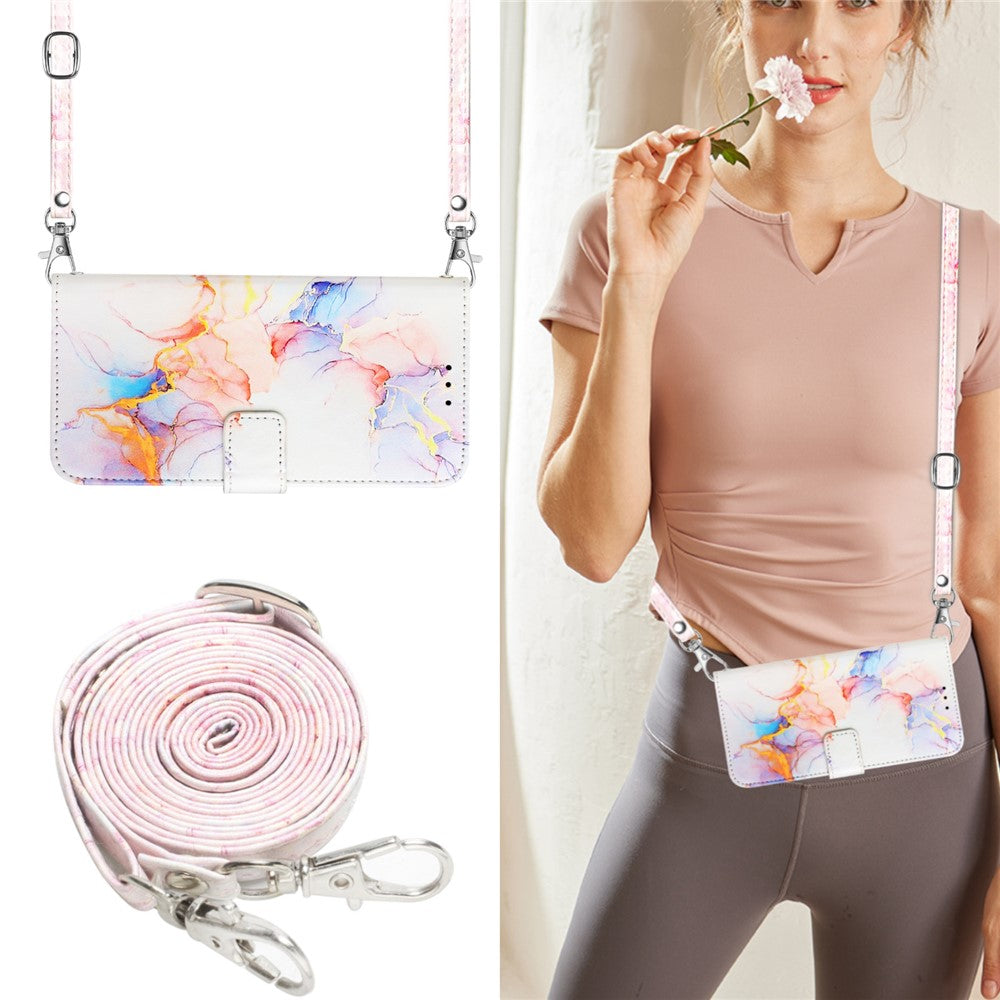For Xiaomi Redmi Note 13 Pro 5G / Poco X6 5G Leather Case with Shoulder Strap Marble Pattern Phone Stand Cover