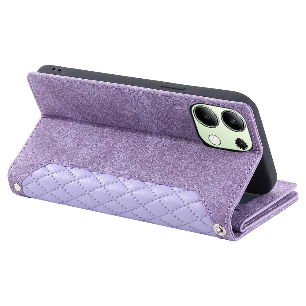 For Xiaomi Redmi Note 13 4G Wallet Case Leather Rhombus Texture Zipper Phone Cover with Wrist Strap