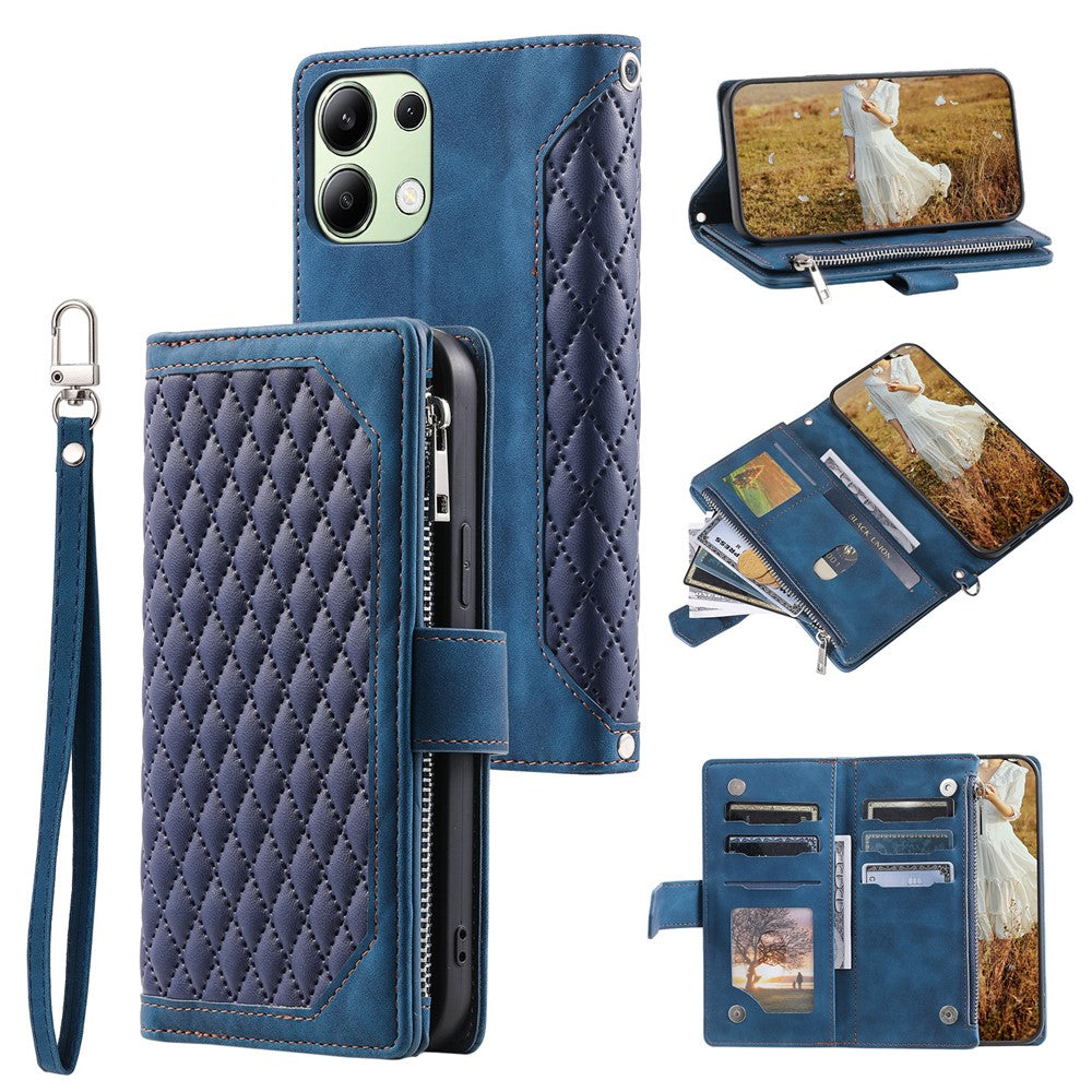 For Xiaomi Redmi Note 13 4G Wallet Case Leather Rhombus Texture Zipper Phone Cover with Wrist Strap