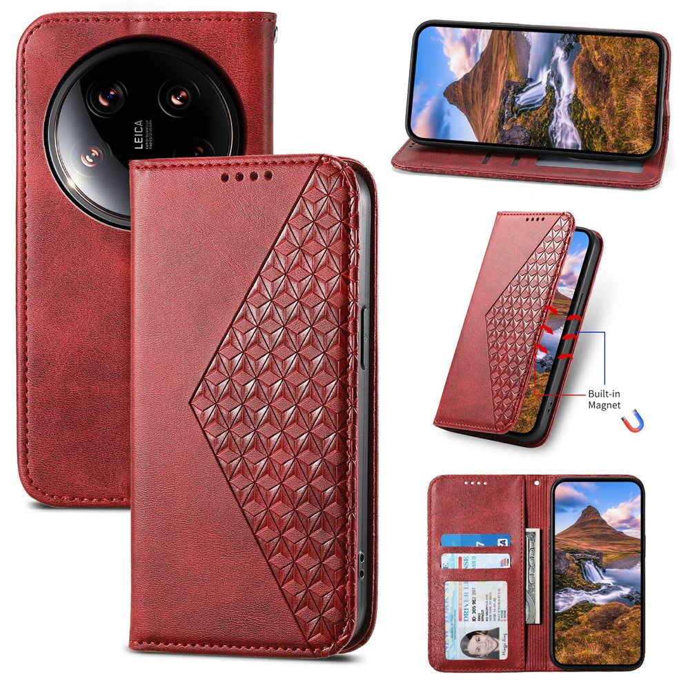For Xiaomi 14 Ultra Case PU Leather Rhombus Imprinted Pattern Wallet Phone Cover
