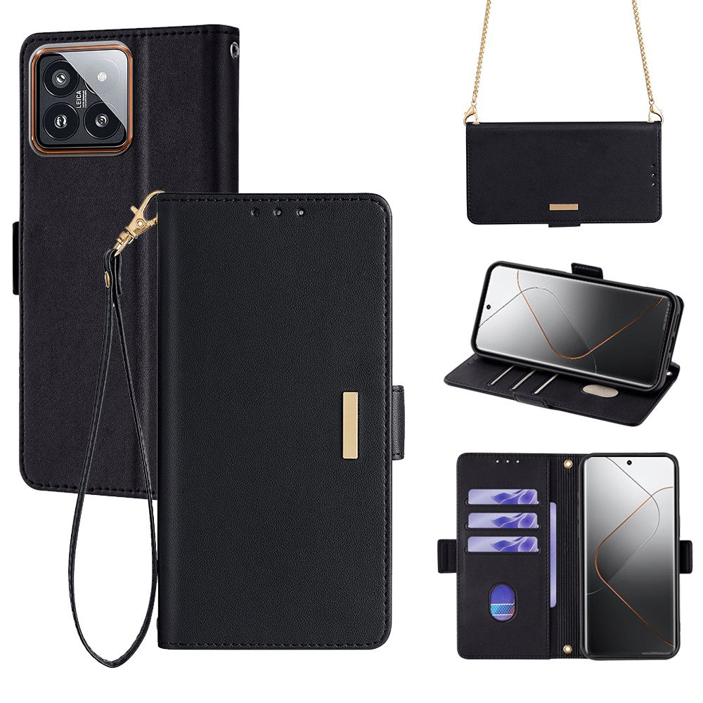 For Xiaomi 14 Pro Case with Golden Chain Shoulder Strap RFID Blocking Leather Phone Cover