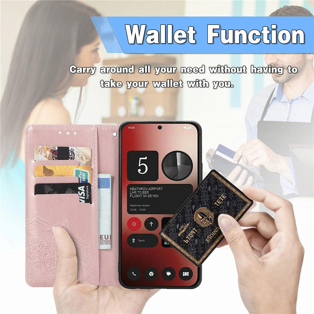 Nothing Phone (2a) Plus / Phone (2a) Wallet-Handyhülle – Aus geprägtem Mandala-Leder, mit Magnetverschluss & Klappverschluss