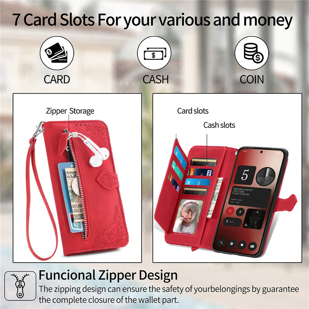 Nothing Phone (2a) Plus / Phone (2a) Wallet-Handyhülle – Mit Riemen & Reißverschluss, aus PU-Leder, mit Blumenmuster