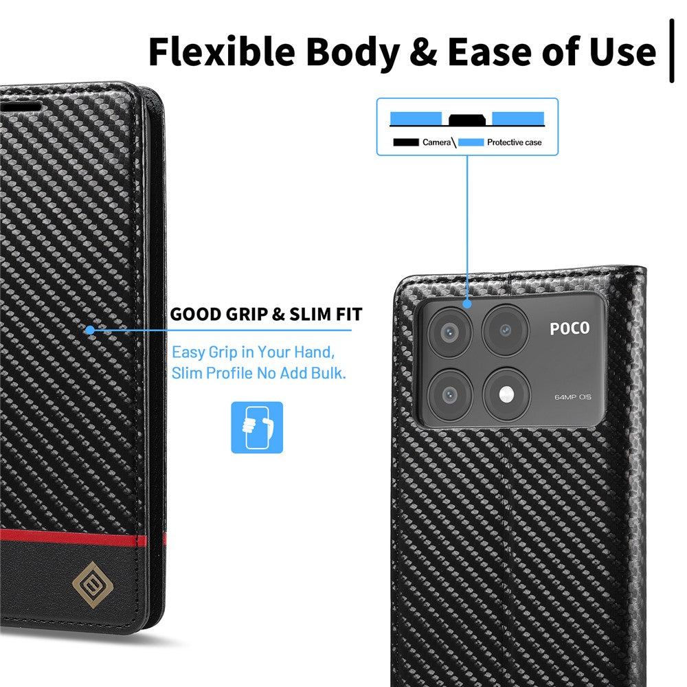 LC.IMEEKE For Xiaomi Poco X6 Pro 5G / Redmi K70E 5G Case PU Leather Carbon Fiber Texture Stand Folio Phone Cover