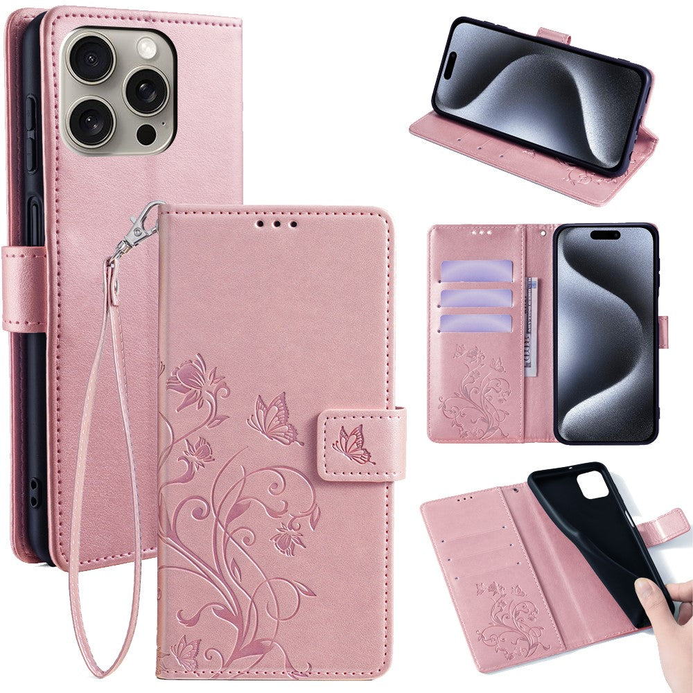 iPhone 15 Pro Max Schutzhülle – Mit Blumens- & Schmetterlingsmuster & Riemen