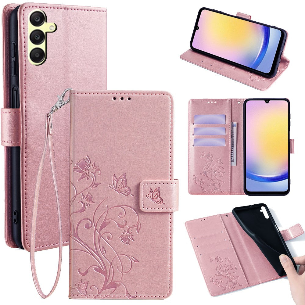 Galaxy A25 5G Schutzhülle – Mit Blumens- & Schmetterlingsmuster & Riemen