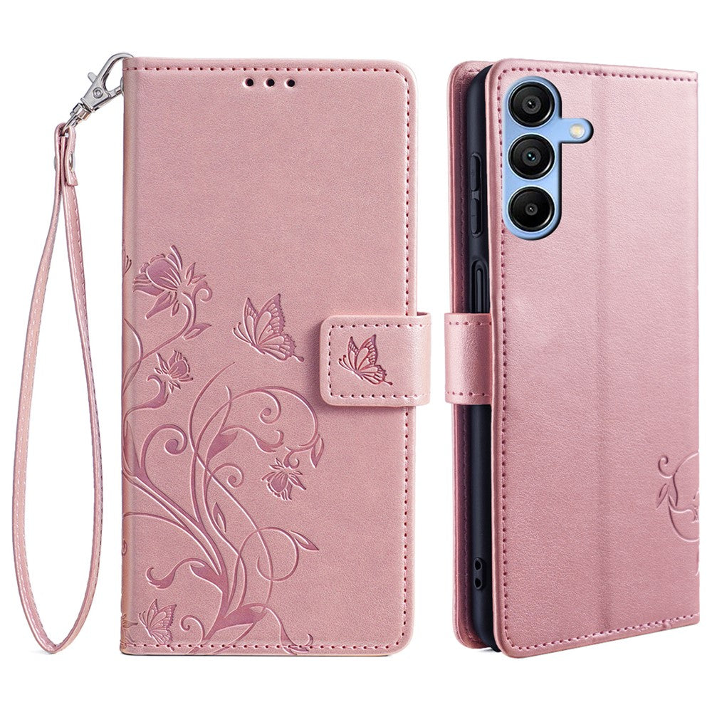 Galaxy A15 4G/5G Schutzhülle – Mit Blumens- & Schmetterlingsmuster & Riemen