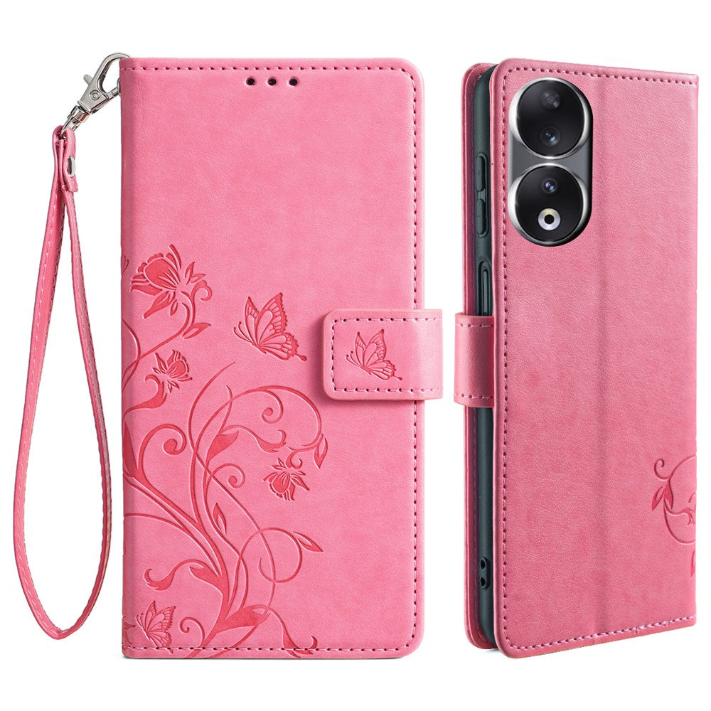 For Honor 90 Case Butterfly Flower PU Leather Stand Phone Cover with Wrist Strap Card Slots