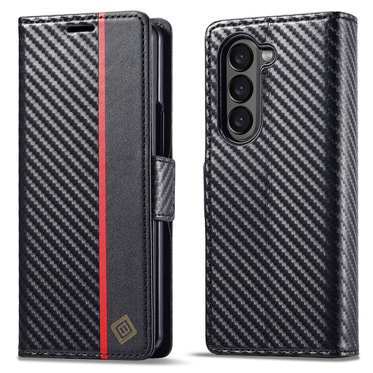 Galaxy Z Fold6 5G – Wallet-Handyhülle aus PU-Leder und TPU, mit Ständer, in Carbonfaser-Optik