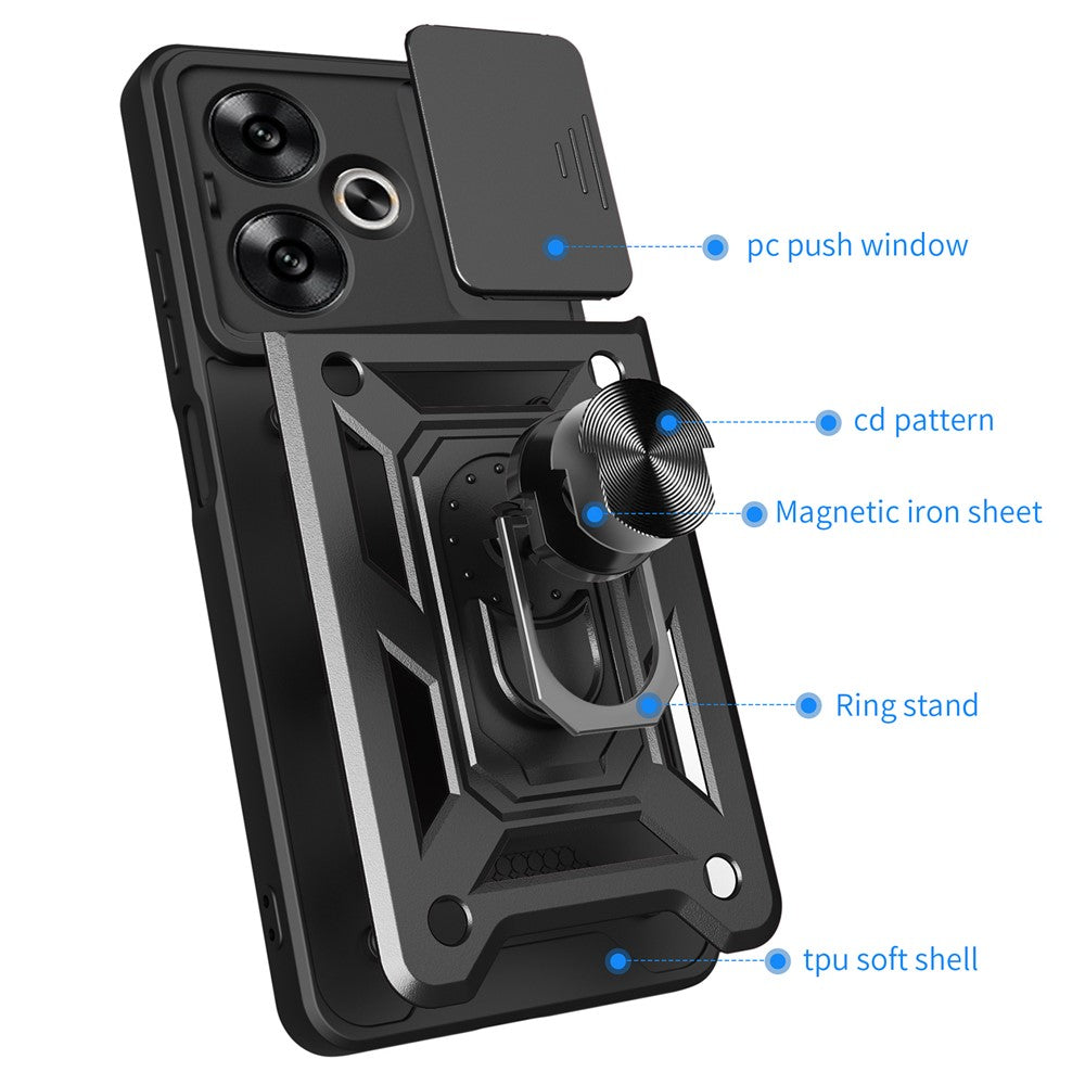 For Xiaomi Redmi 13C 5G / 13R 5G / Poco M6 5G Case with Slide Camera Cover Kickstand PC+TPU Phone Back Shell