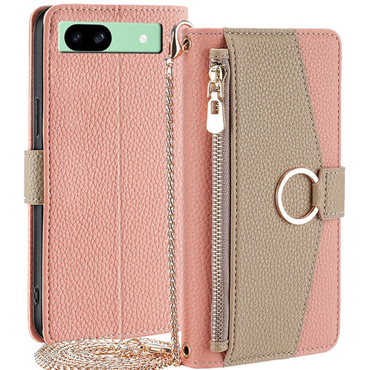Pixel 8a Wallet-Hülle – Litschi-Textur, mit Spiegel & Kettenschultergurt