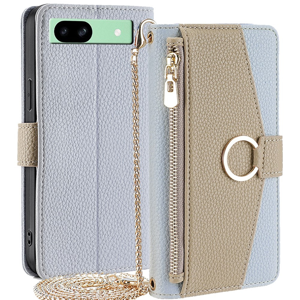 Pixel 8a Wallet-Hülle – Litschi-Textur, mit Spiegel & Kettenschultergurt