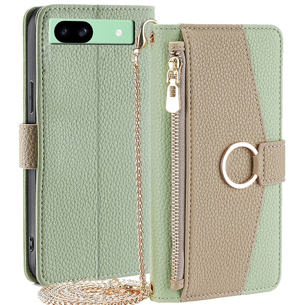 Pixel 8a Wallet-Hülle – Litschi-Textur, mit Spiegel & Kettenschultergurt