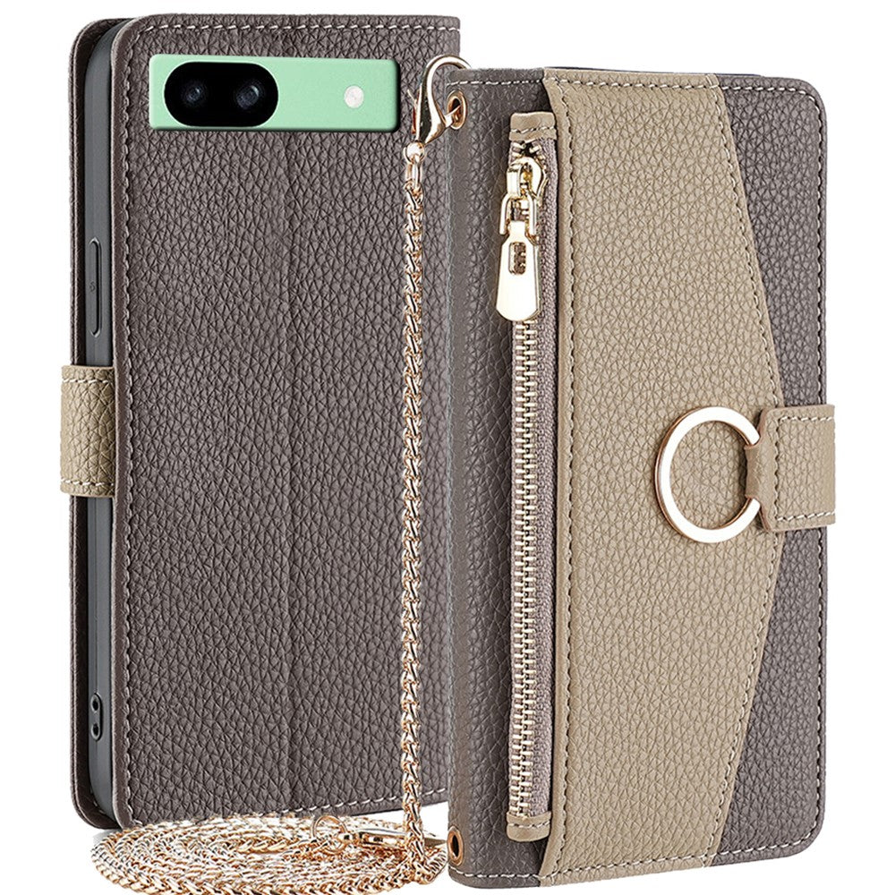 Pixel 8a Wallet-Hülle – Litschi-Textur, mit Spiegel & Kettenschultergurt