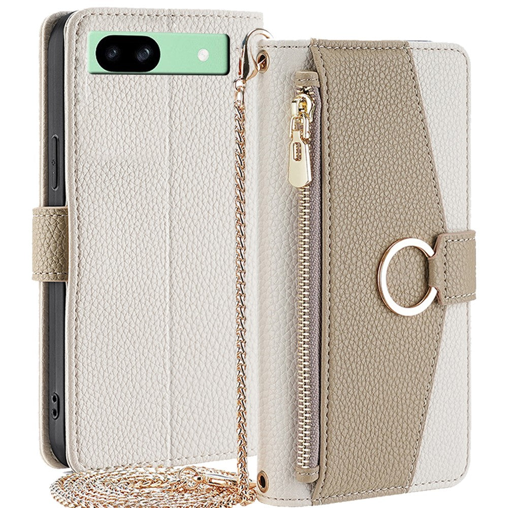 Pixel 8a Wallet-Hülle – Litschi-Textur, mit Spiegel & Kettenschultergurt