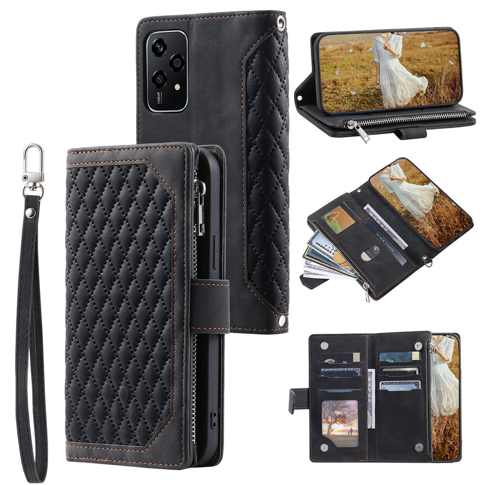 Style 005 For Honor 200 Lite Case Zipper Wallet Grid Leather Phone Cover