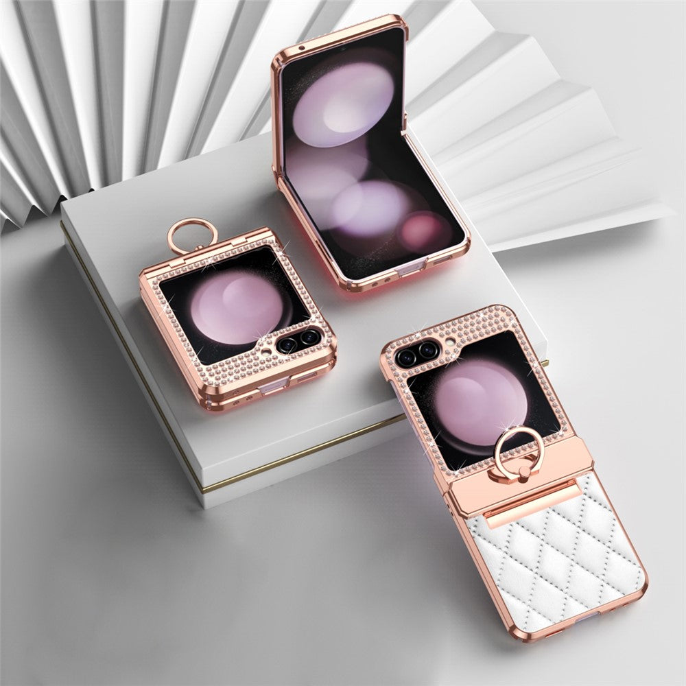 Galaxy Z Flip7 FE 5G / Z Flip6 5G / Z Flip5 5G Luxus-Hülle – Lederoptik mit Ring & Strass